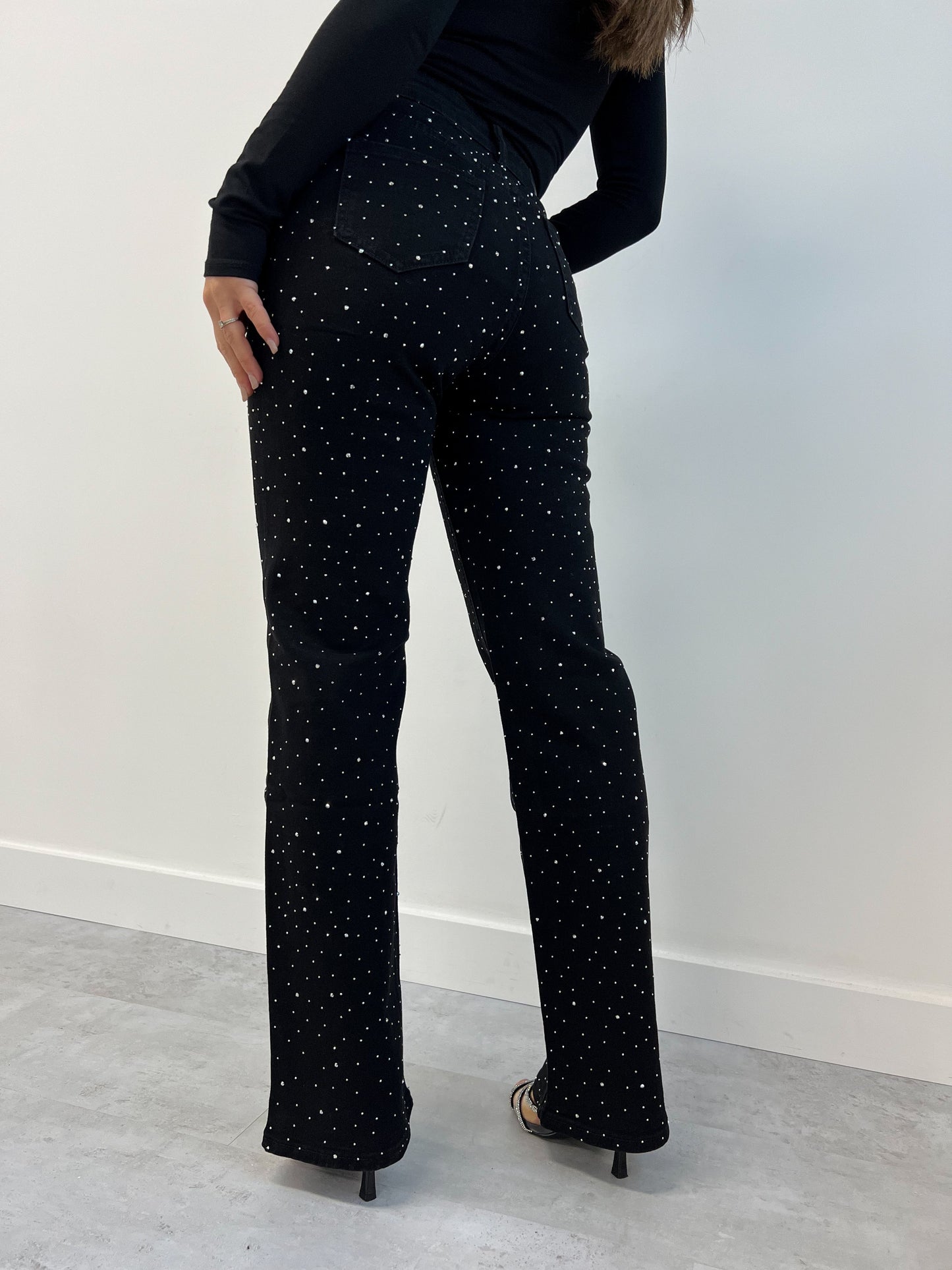 FINE RHINESTONE STRETCH JEANS BLACK