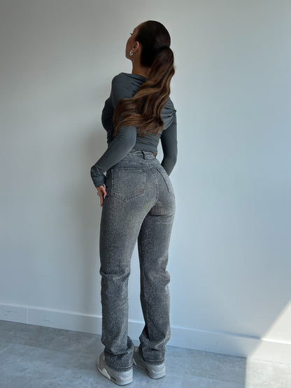 ALL OVER RHINESTONE JEANS GREY 2.0