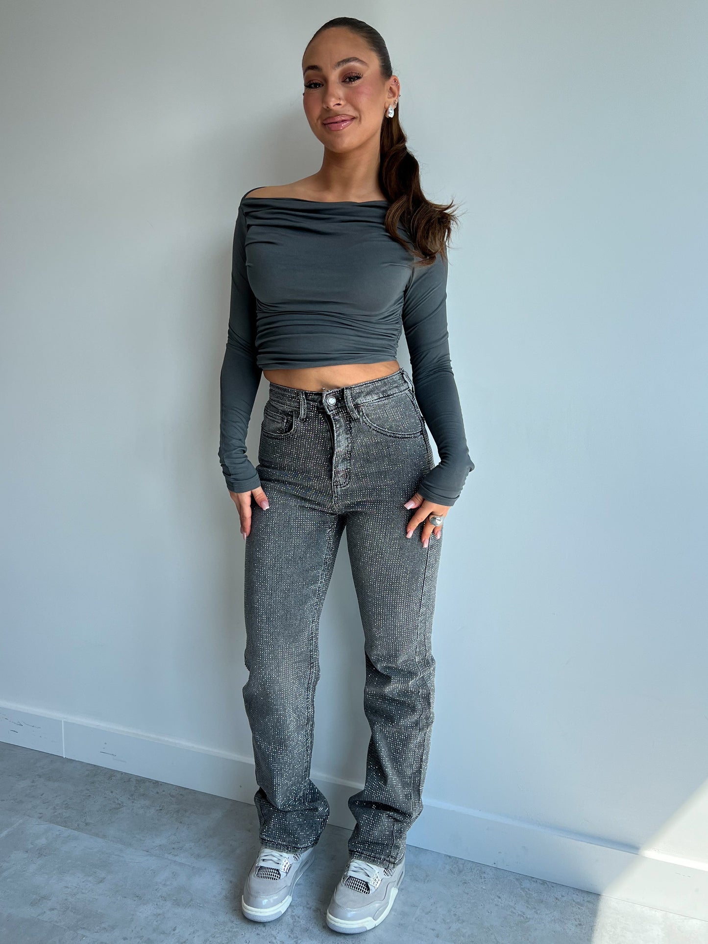 ALL OVER RHINESTONE JEANS GREY 2.0